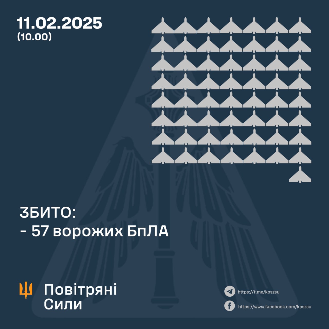 Масована атака РФ: ПС знищили 57 дронів, ще 66 безпілотників не досягли цілей