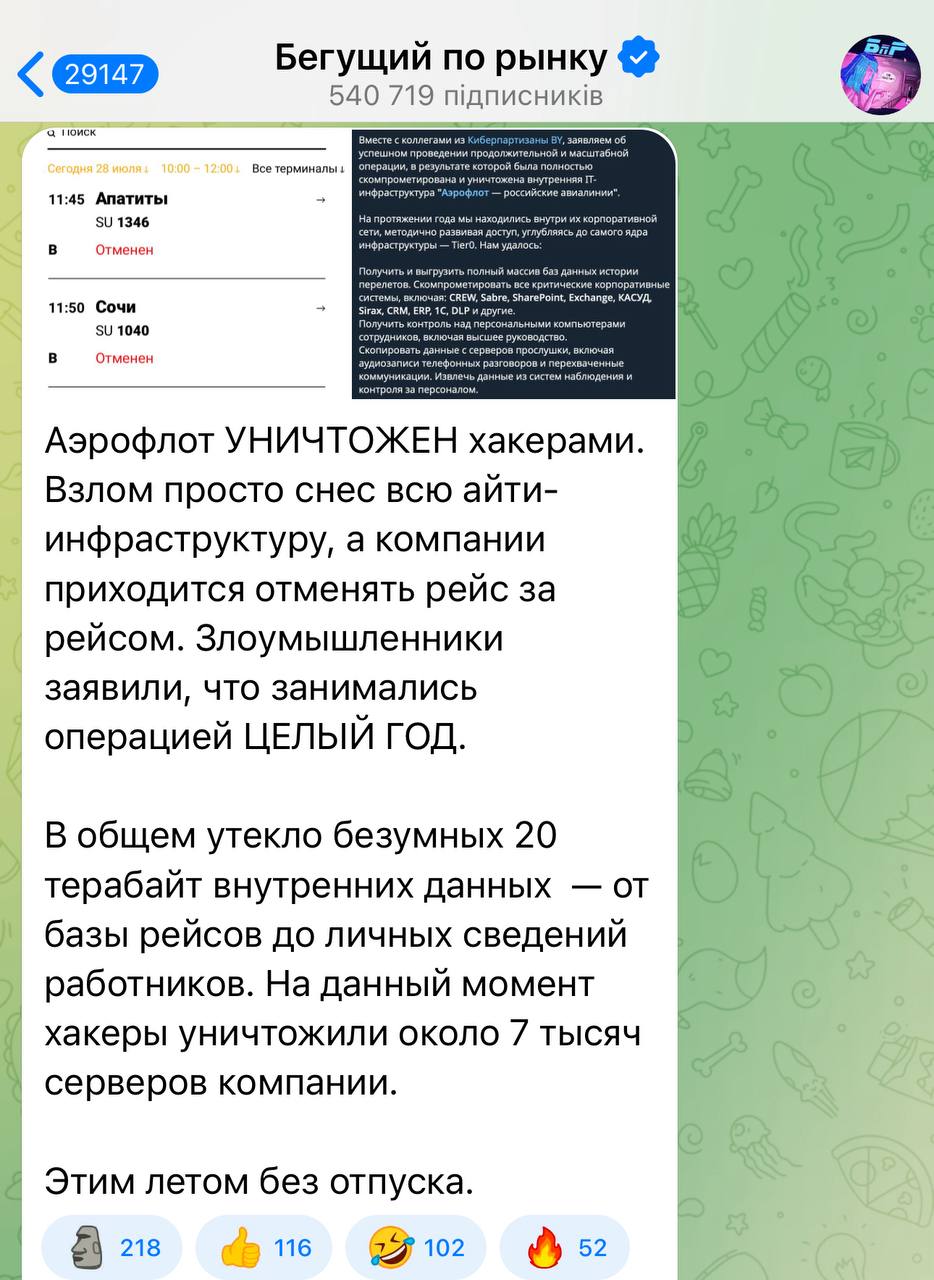 Хакери заявили про знищення внутрішніх систем російського «Аерофлоту»