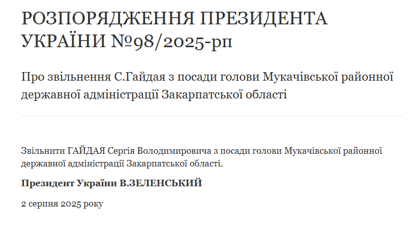 Зеленський звільнив Сергія Гайдая з посади голови Мукачівської РДА